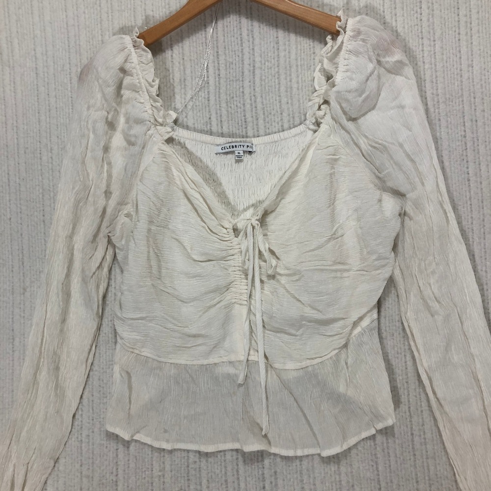 Celebrity Pink Top XL‎ White Long Sleeve Square Neck Tie Front Ruffle Trim